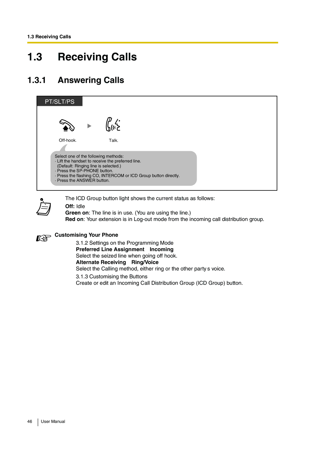 Panasonic KX-TDA30 user manual Receiving Calls, Answering Calls, Off Idle 