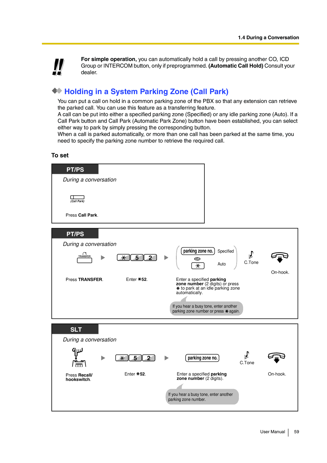 Panasonic KX-TDA30 user manual Holding in a System Parking Zone Call Park, To set, Parkingzoneno. Specified 