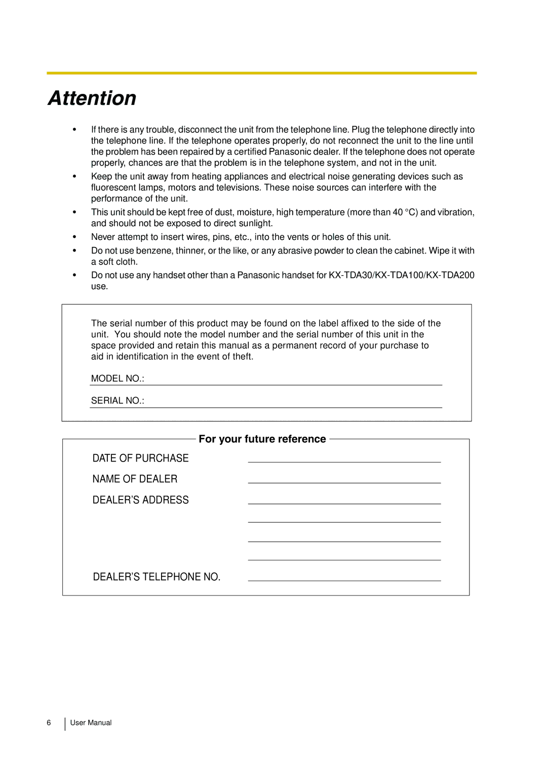 Panasonic KX-TDA30 user manual For your future reference 