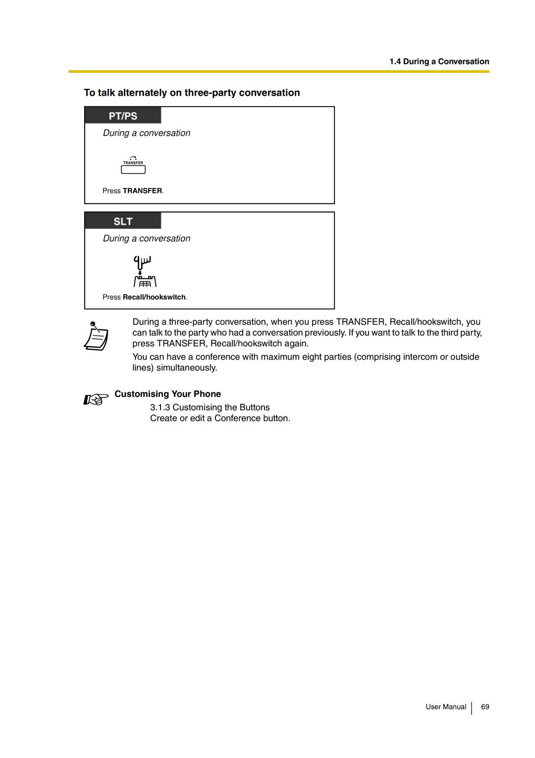 Panasonic KX-TDA30 user manual To talk alternately on three-party conversation, Customising Your Phone 