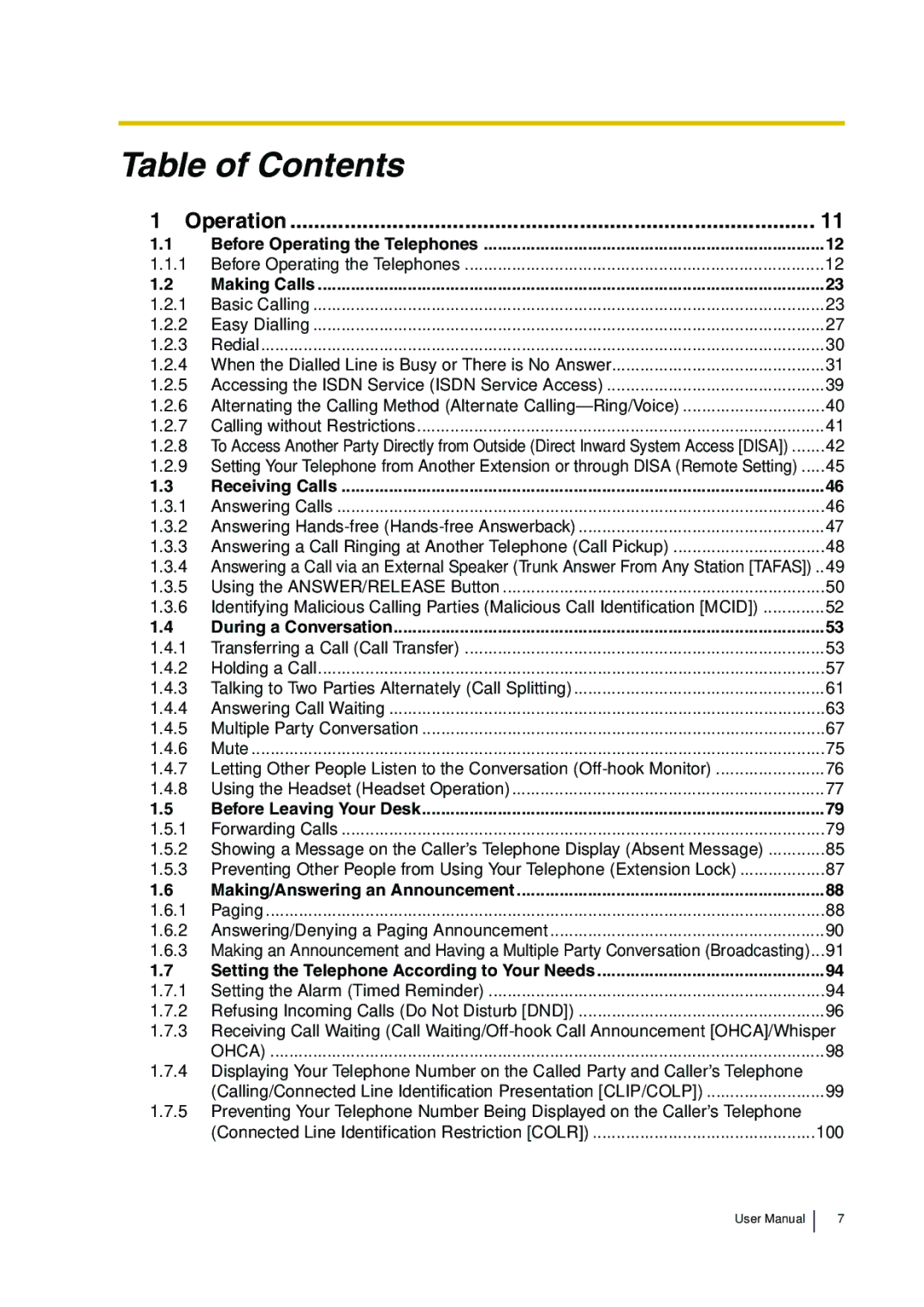 Panasonic KX-TDA30 user manual Table of Contents 