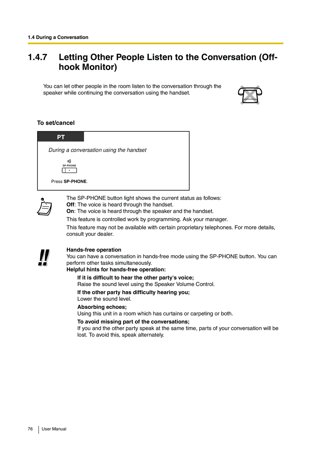 Panasonic KX-TDA30 user manual Hands-free operation, To avoid missing part of the conversations 