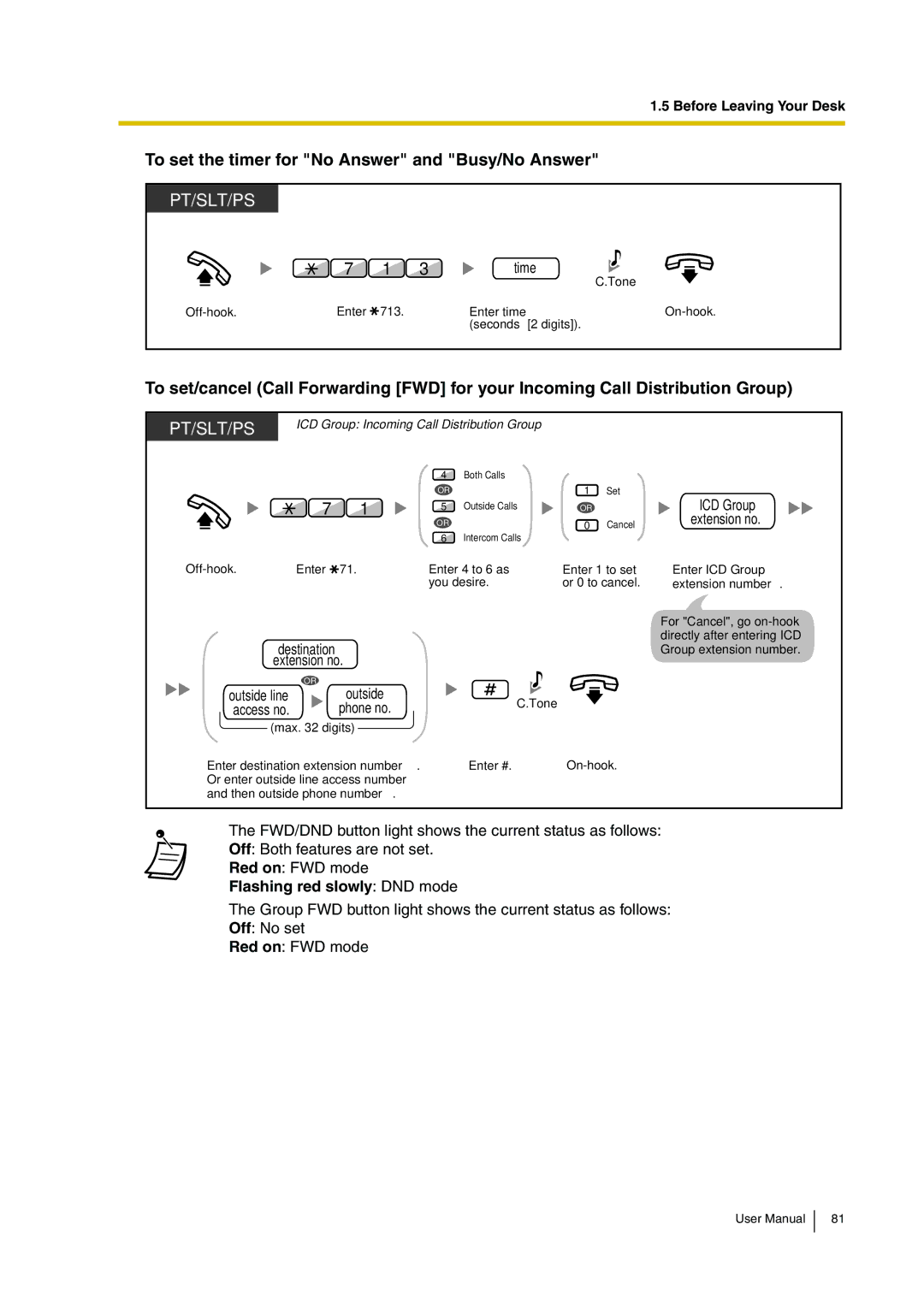 Panasonic KX-TDA30 user manual To set the timer for No Answer and Busy/No Answer, Time, ICD Group Extension no 