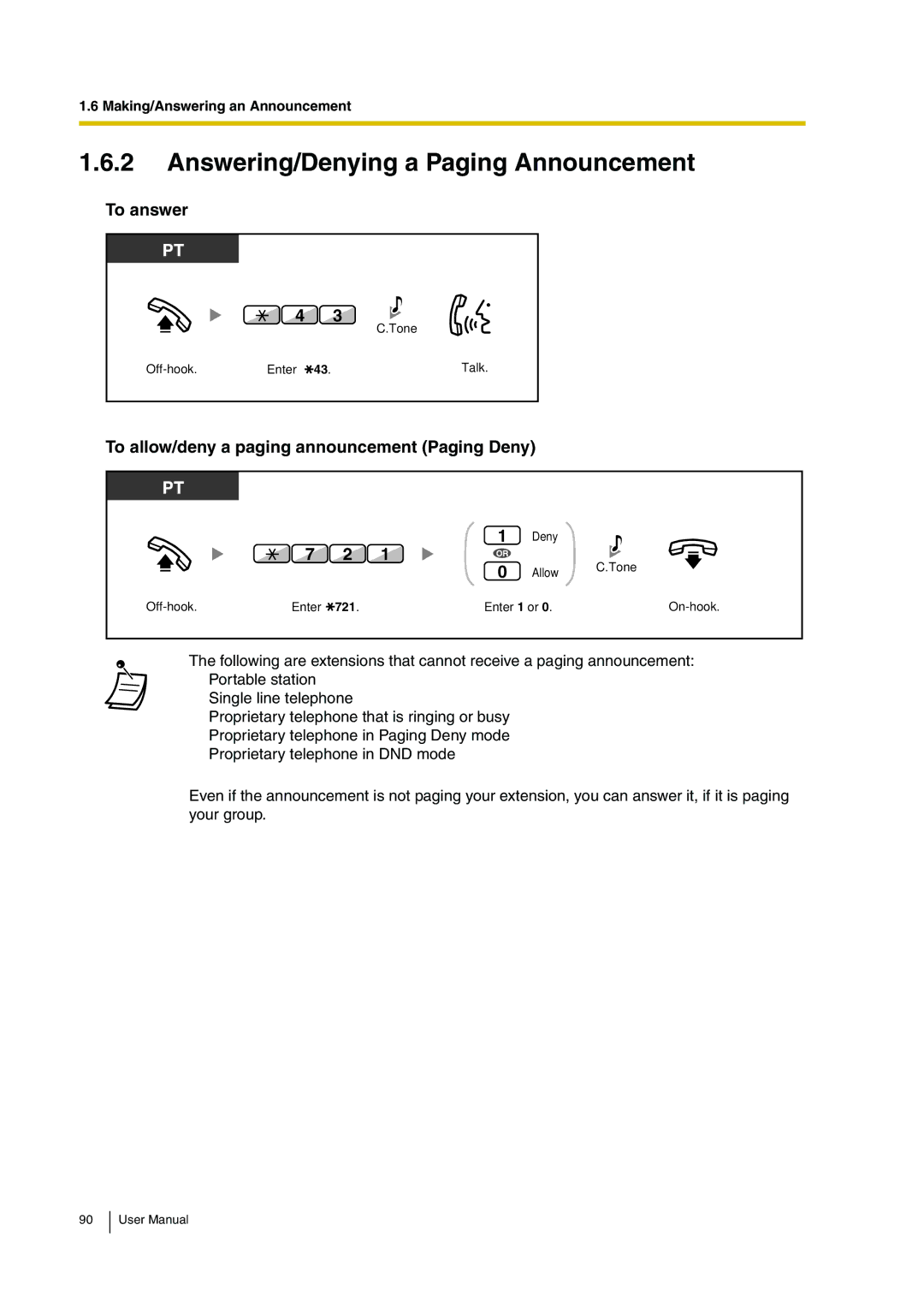 Panasonic KX-TDA30 user manual Answering/Denying a Paging Announcement, To allow/deny a paging announcement Paging Deny 