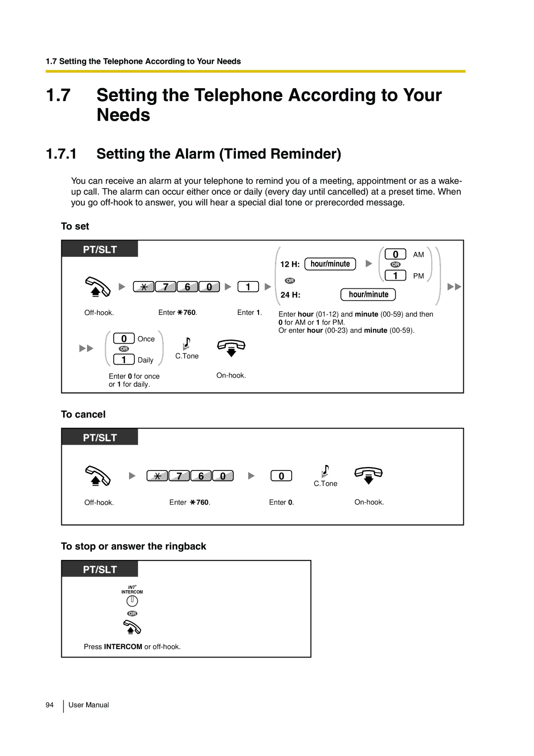 Panasonic KX-TDA30 user manual Setting the Telephone According to Your Needs, Setting the Alarm Timed Reminder 