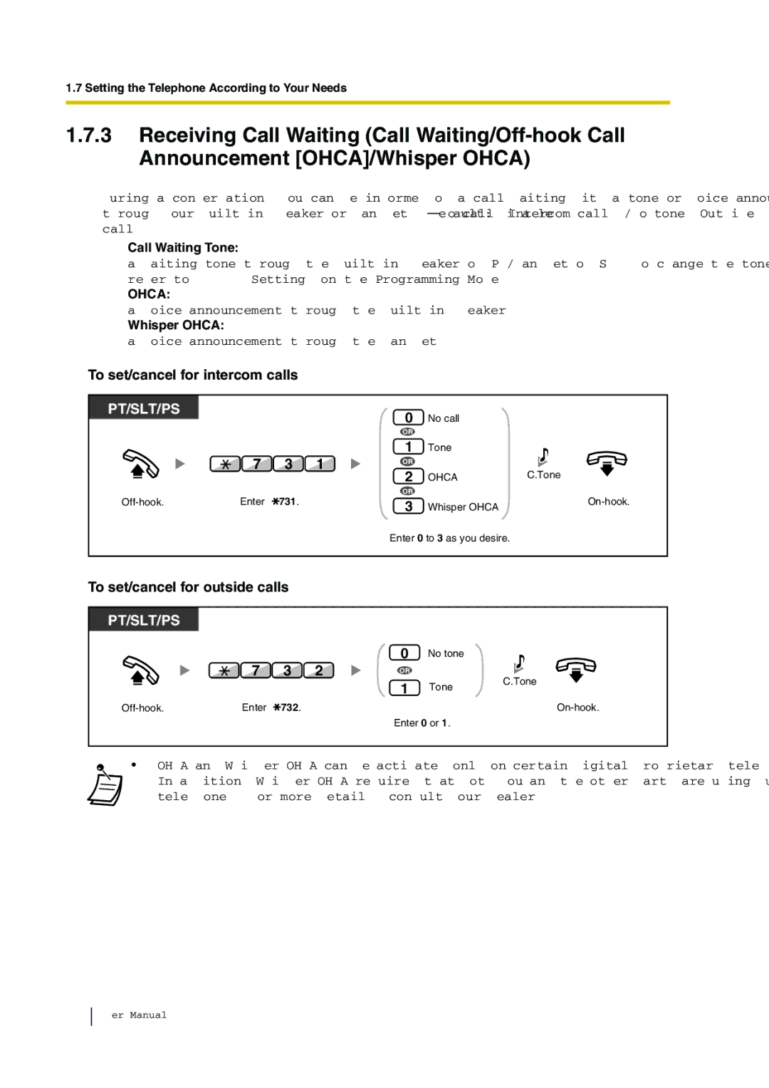 Panasonic KX-TDA30 To set/cancel for intercom calls, To set/cancel for outside calls, Call Waiting Tone, Whisper Ohca 