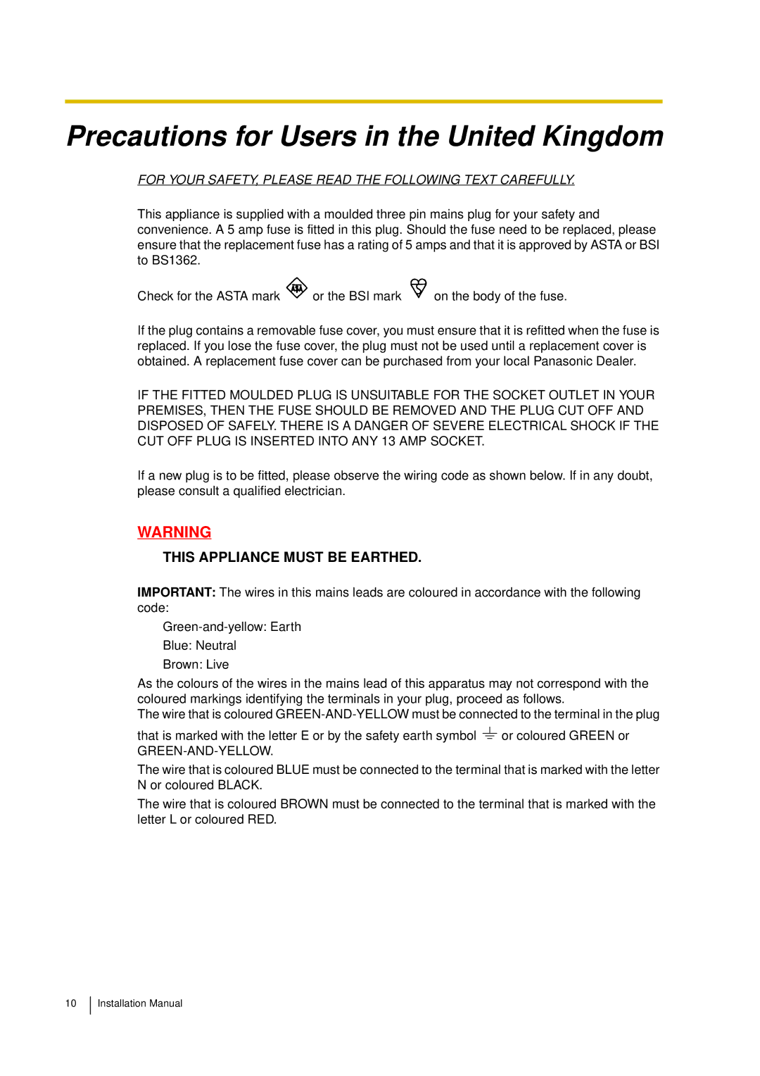 Panasonic KX-TDA30 installation manual Precautions for Users in the United Kingdom, Green-And-Yellow 