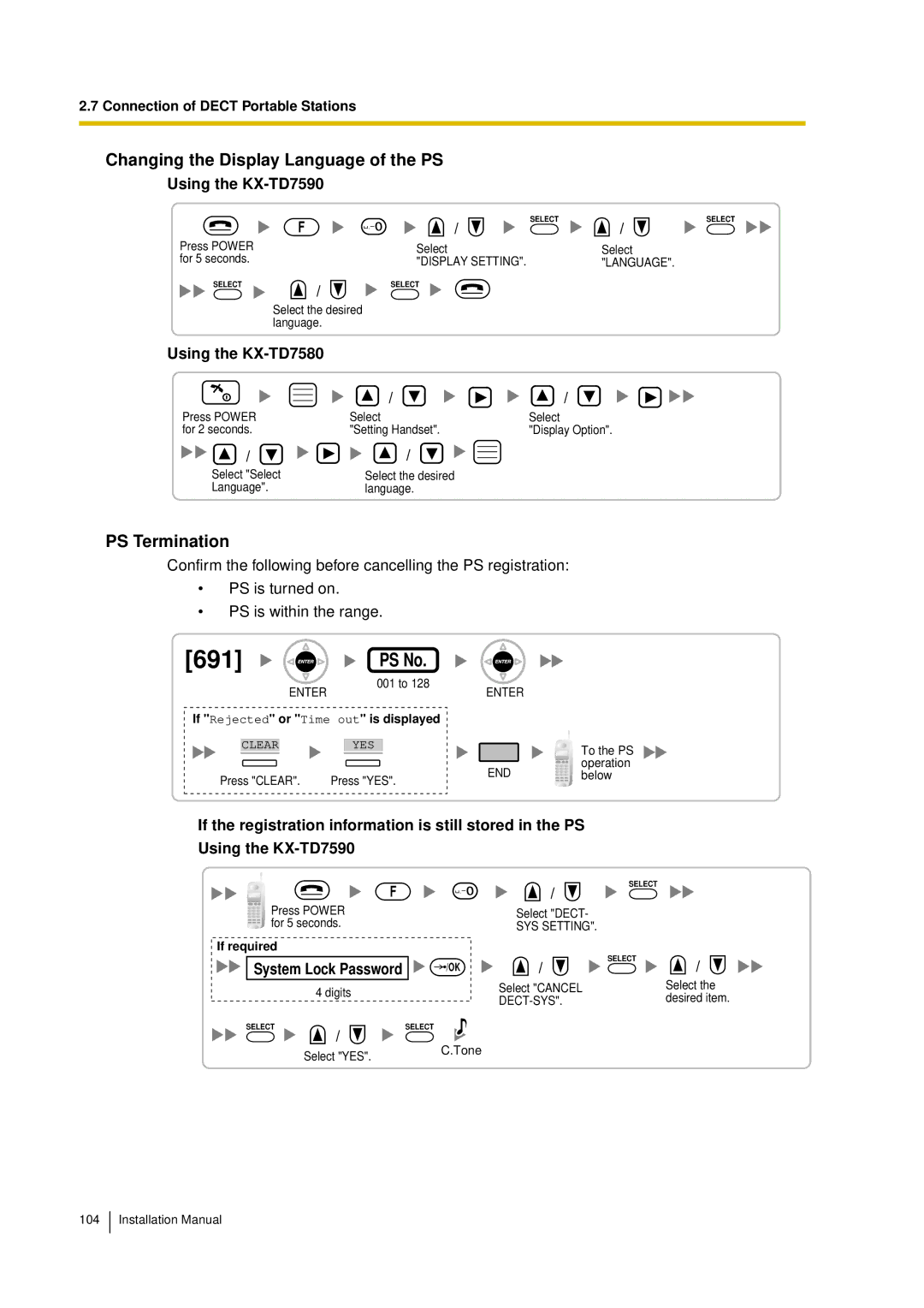 Panasonic KX-TDA30 installation manual Changing the Display Language of the PS, PS Termination 