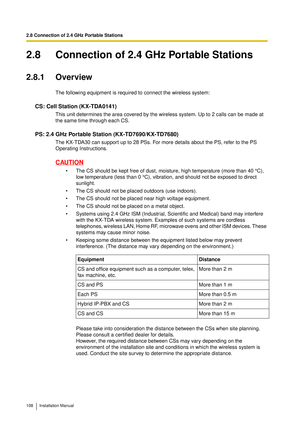 Panasonic KX-TDA30 installation manual Connection of 2.4 GHz Portable Stations, CS Cell Station KX-TDA0141 