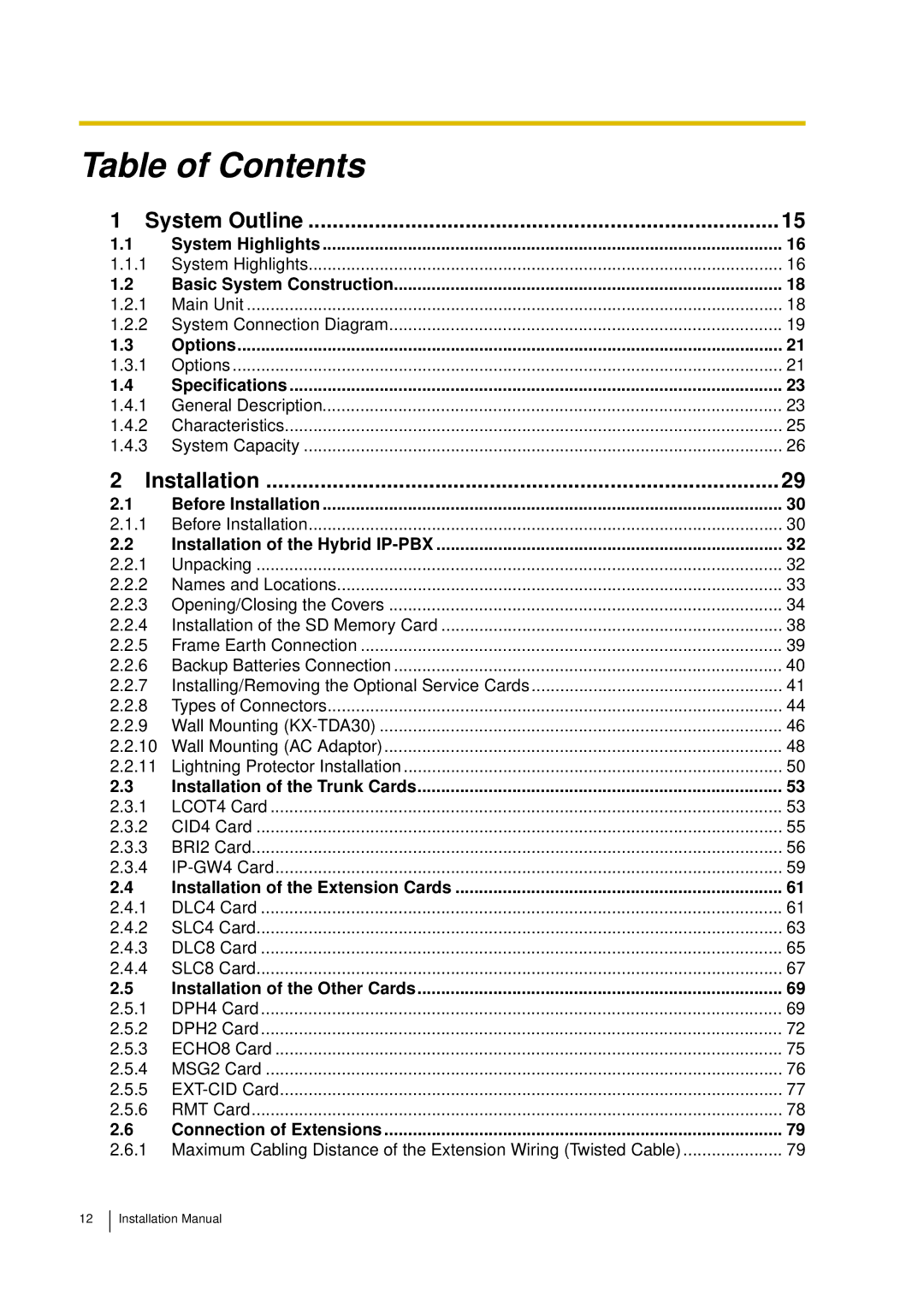 Panasonic KX-TDA30 installation manual Table of Contents 