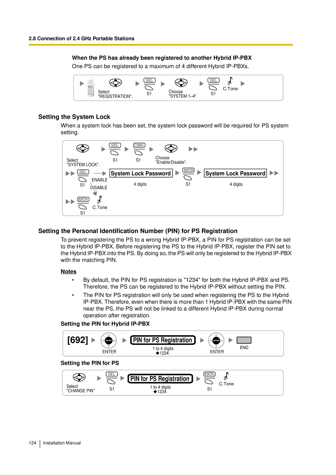 Panasonic KX-TDA30 692, Setting the System Lock, Setting the PIN for Hybrid IP-PBX, Setting the PIN for PS 