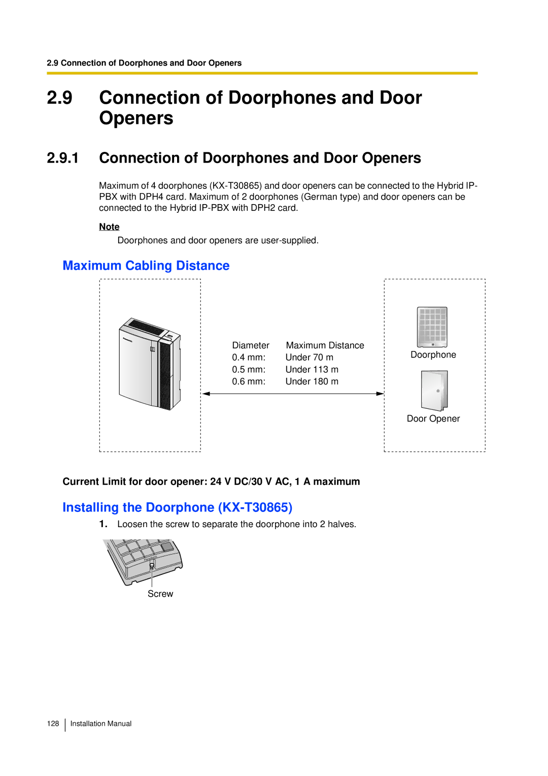 Panasonic KX-TDA30 Connection of Doorphones and Door Openers, Maximum Cabling Distance, Installing the Doorphone KX-T30865 