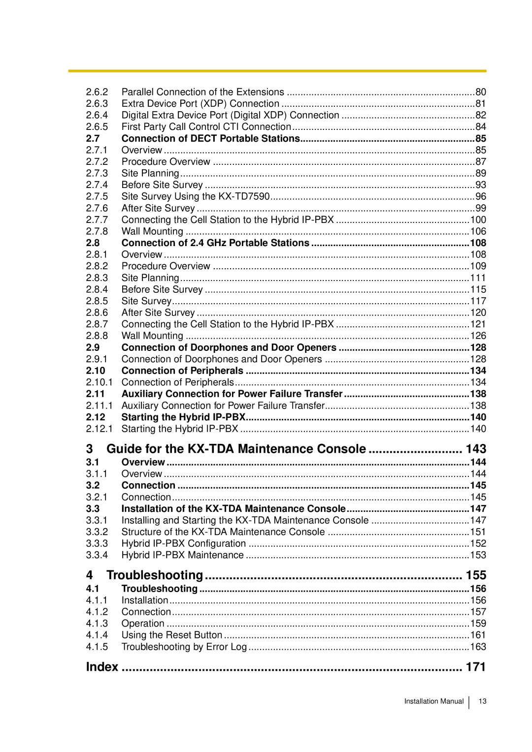 Panasonic KX-TDA30 installation manual 108, 128, 134, 138, 140, 144, 145, 147, 156 