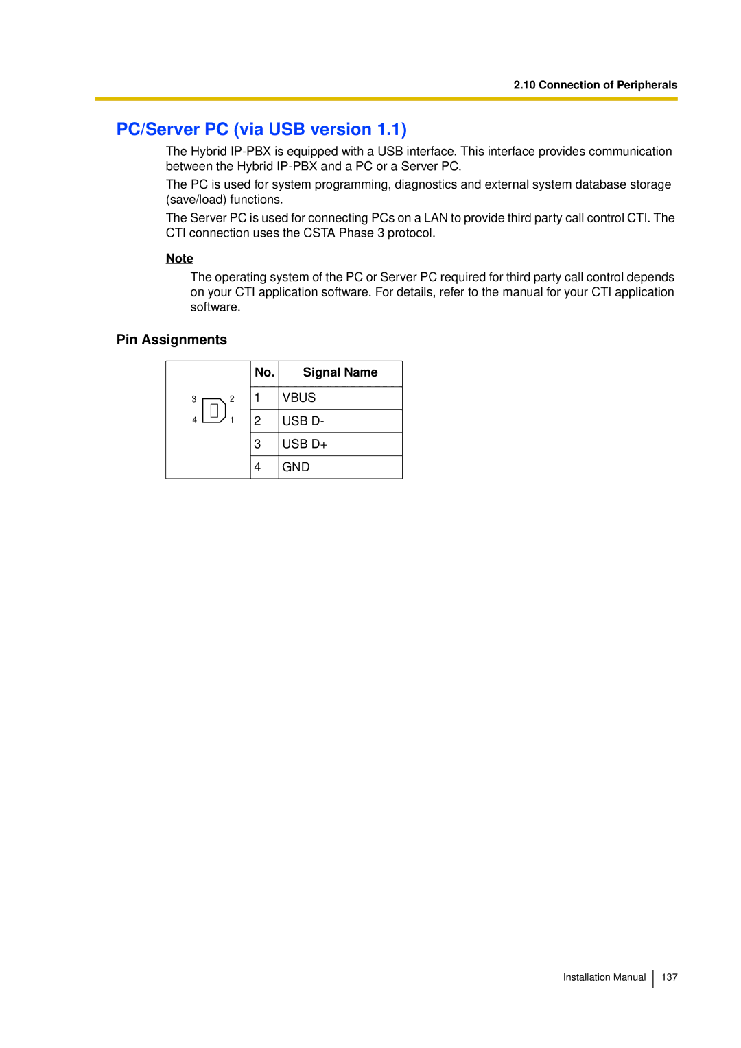 Panasonic KX-TDA30 installation manual PC/Server PC via USB version, Vbus, Gnd 