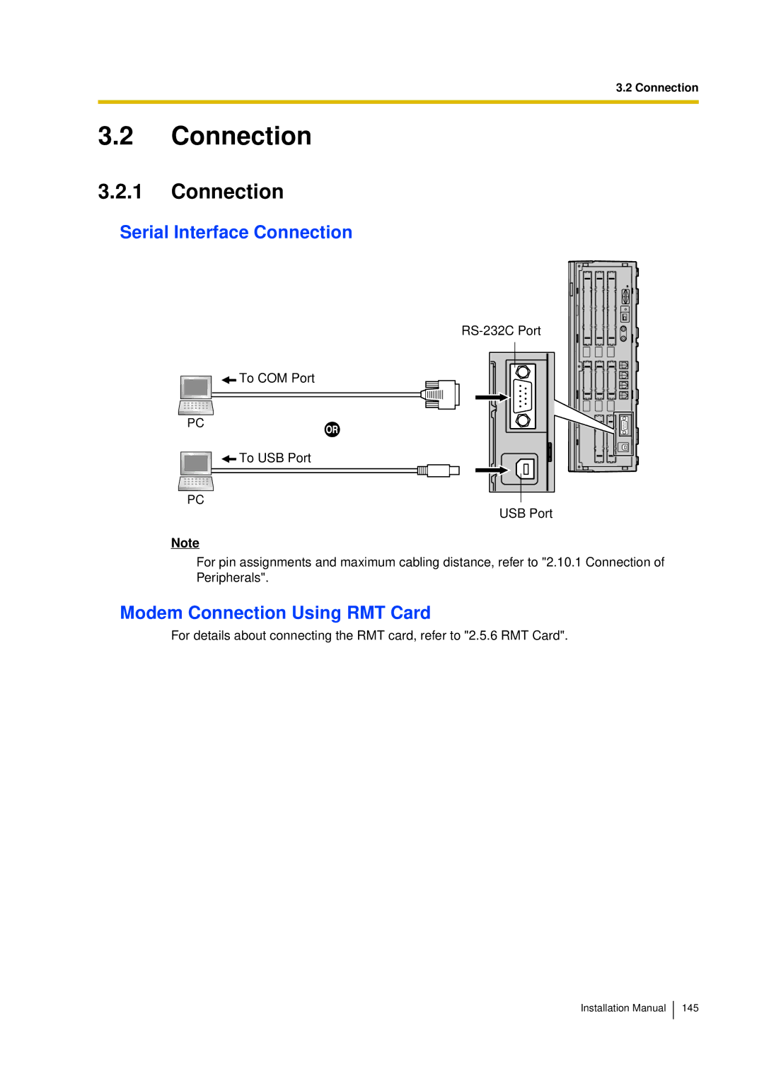 Panasonic KX-TDA30 installation manual Serial Interface Connection, Modem Connection Using RMT Card 