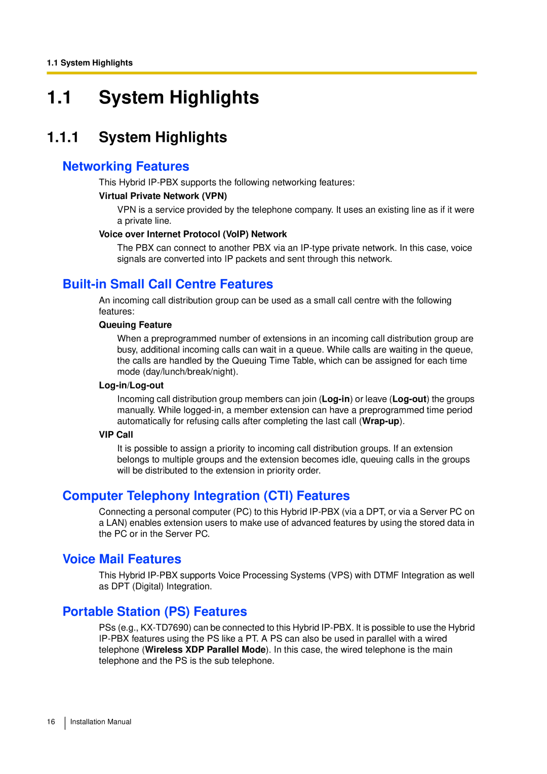 Panasonic KX-TDA30 installation manual System Highlights 