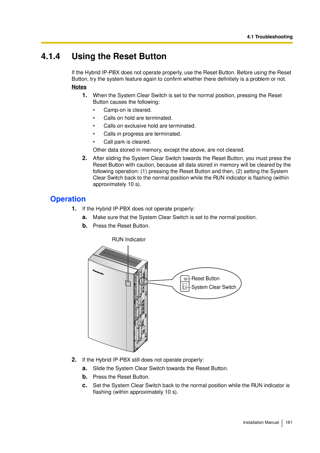 Panasonic KX-TDA30 installation manual Using the Reset Button, Operation 