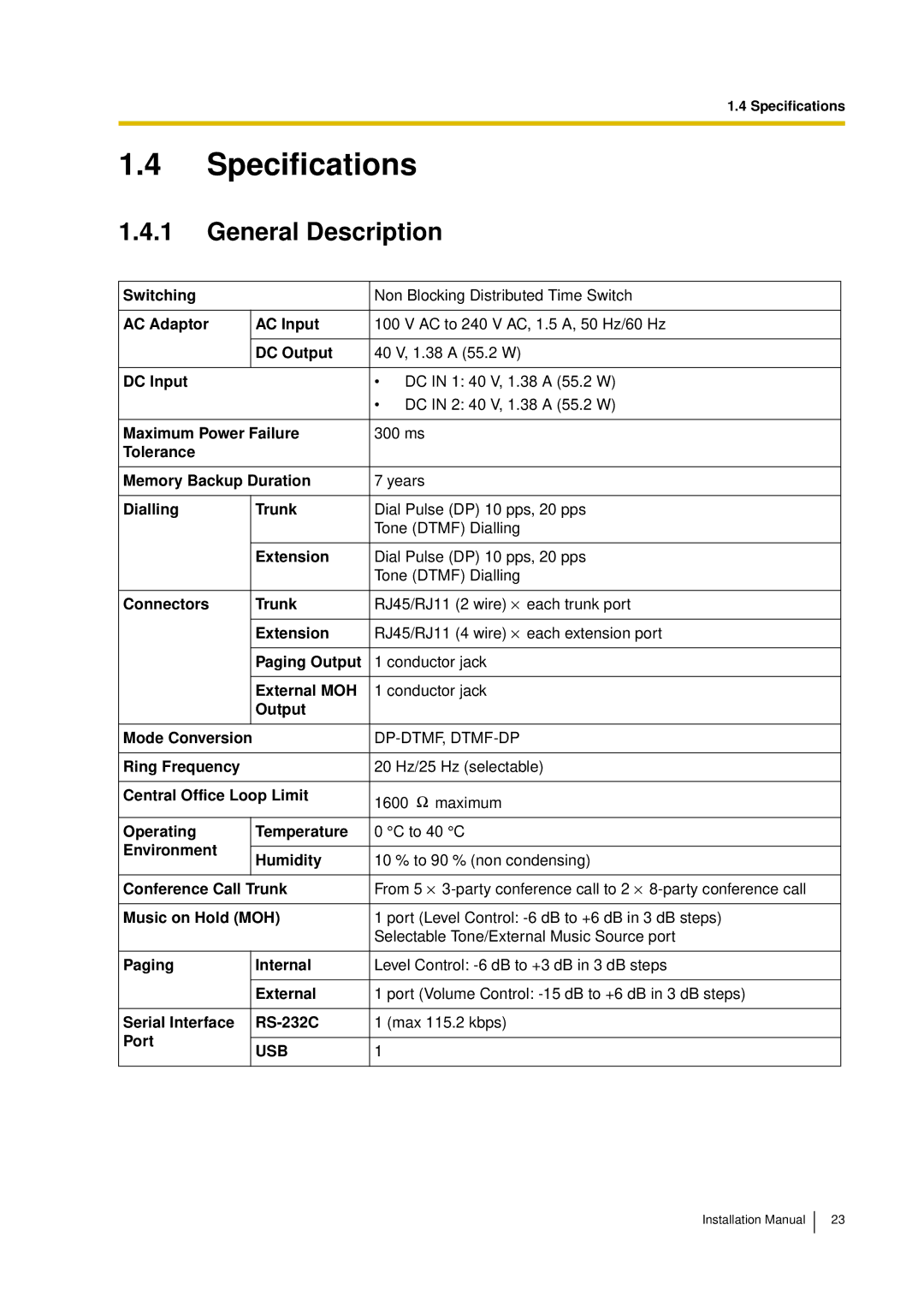 Panasonic KX-TDA30 installation manual Specifications, General Description 