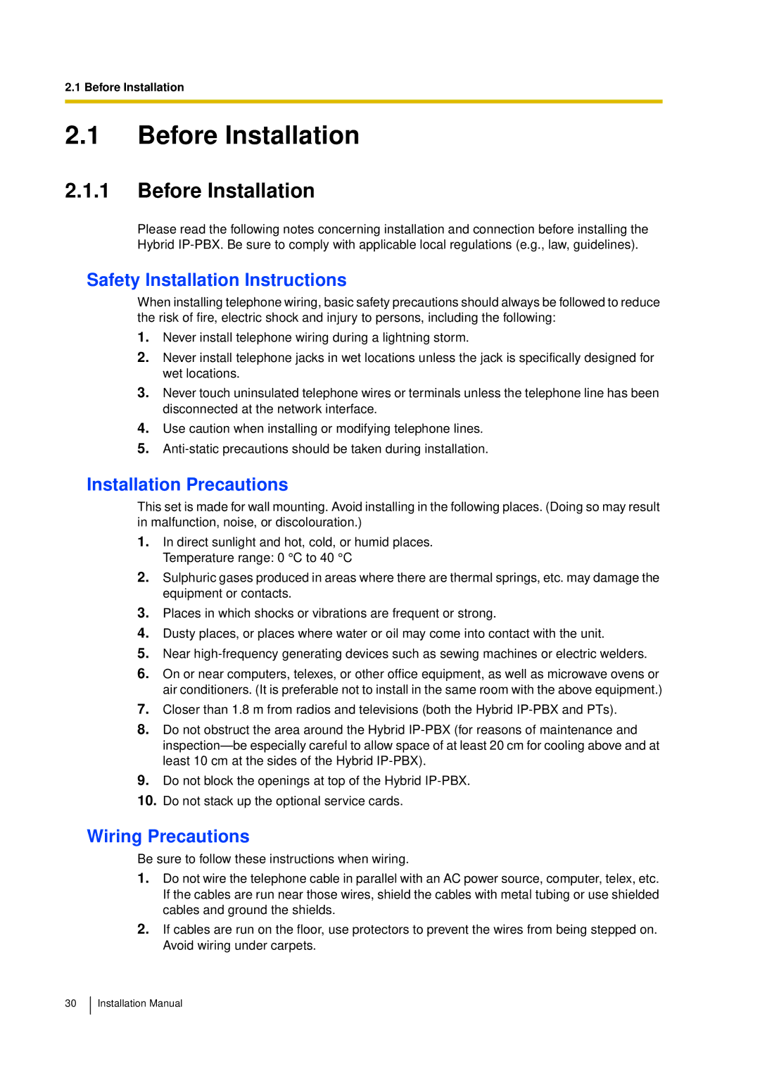 Panasonic KX-TDA30 Before Installation, Safety Installation Instructions, Installation Precautions, Wiring Precautions 