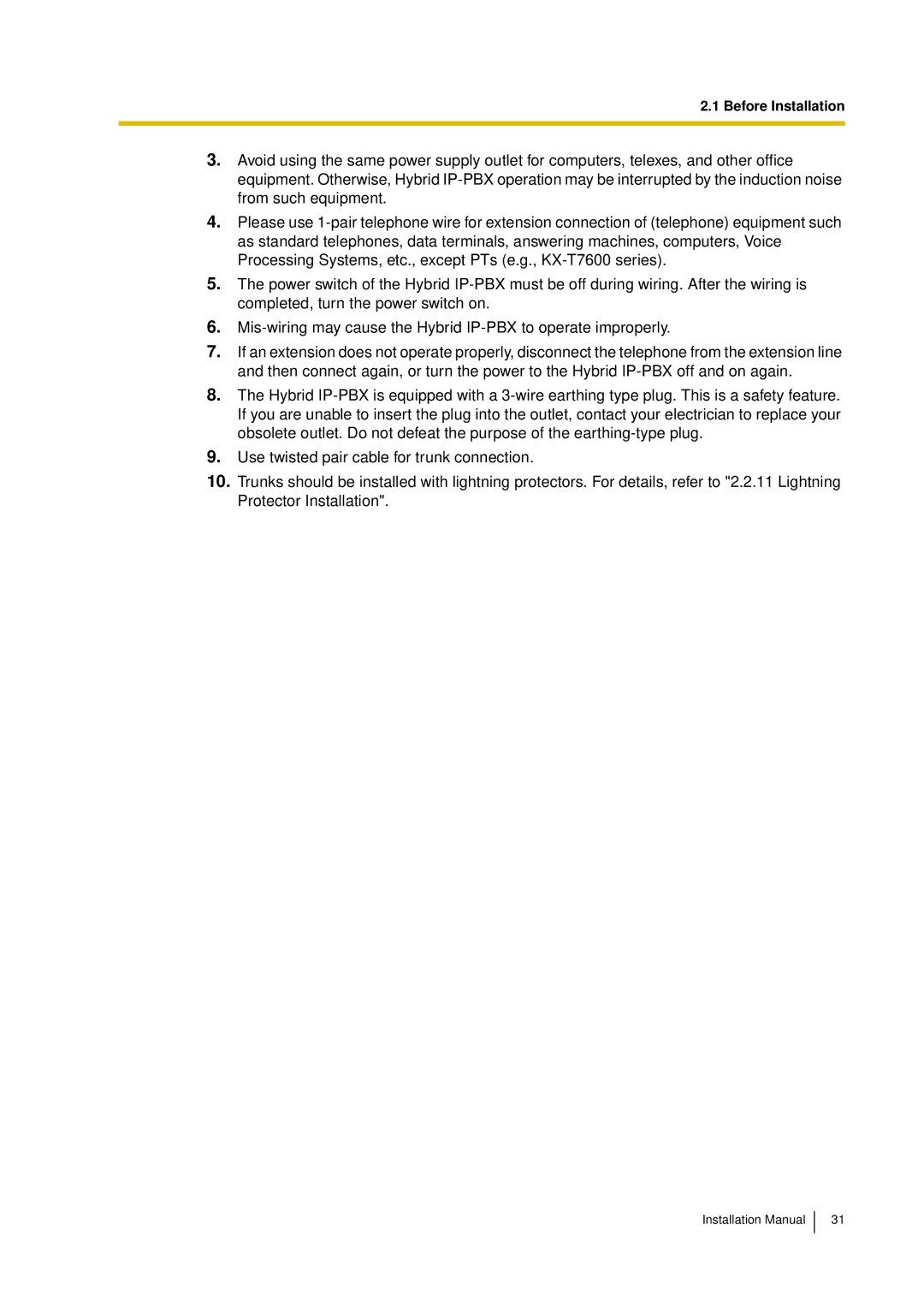 Panasonic KX-TDA30 installation manual Before Installation 