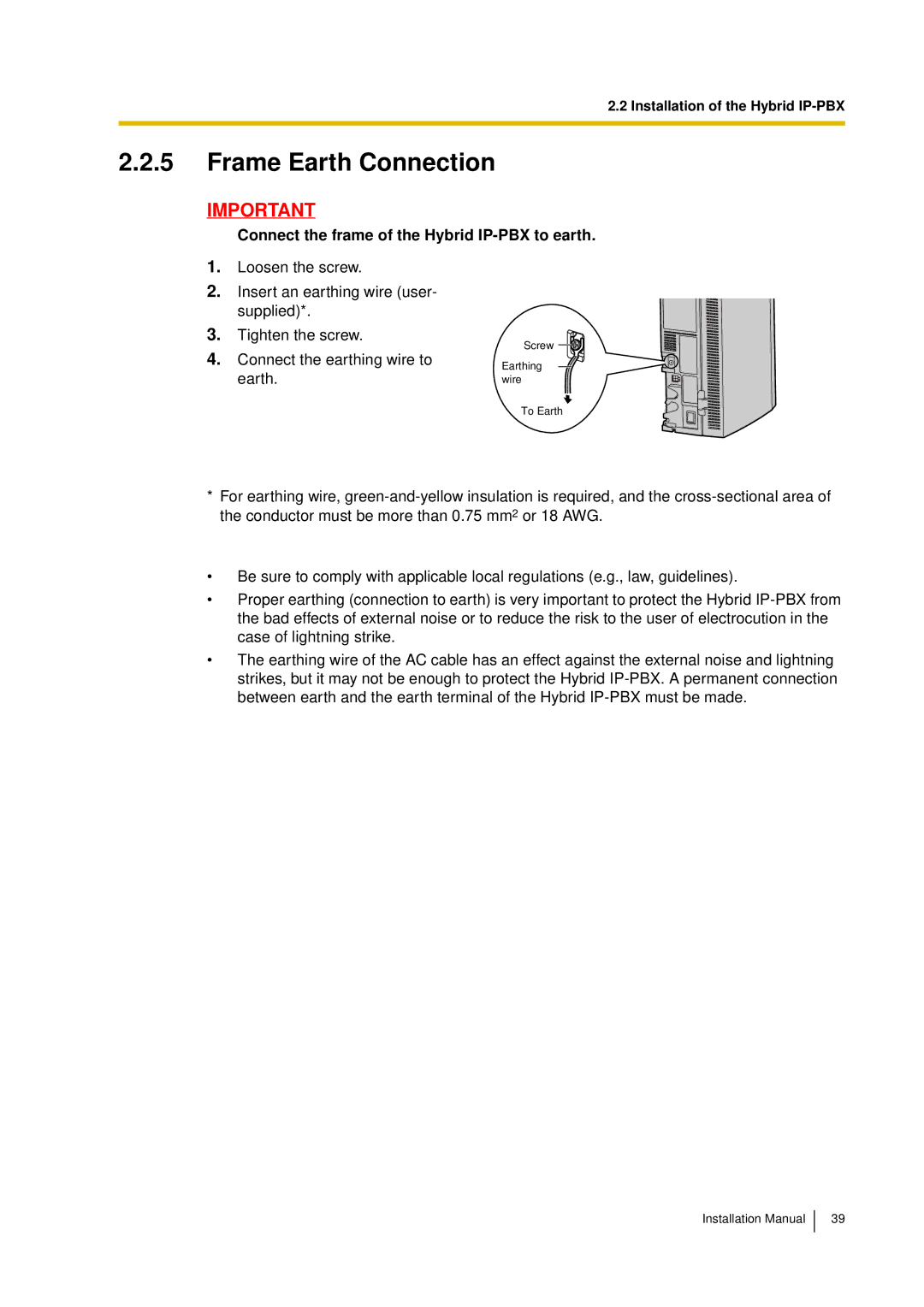 Panasonic KX-TDA30 installation manual Frame Earth Connection, Connect the frame of the Hybrid IP-PBX to earth 