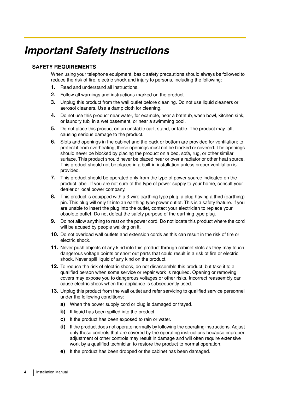 Panasonic KX-TDA30 installation manual Important Safety Instructions 