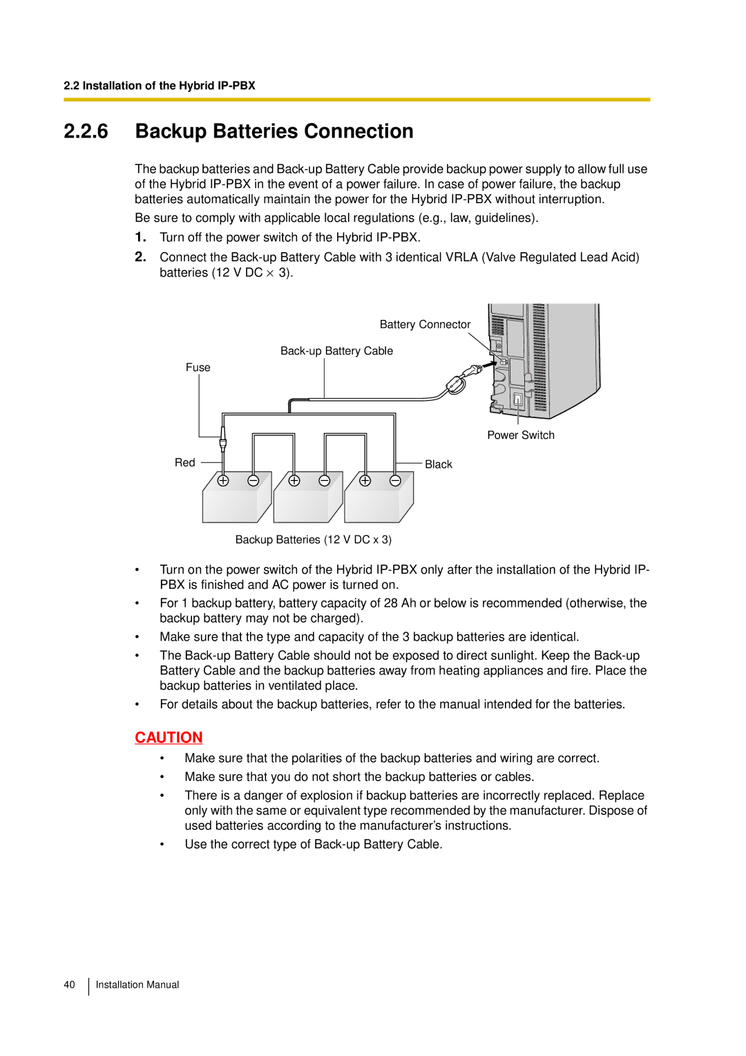 Panasonic KX-TDA30 installation manual Backup Batteries Connection 