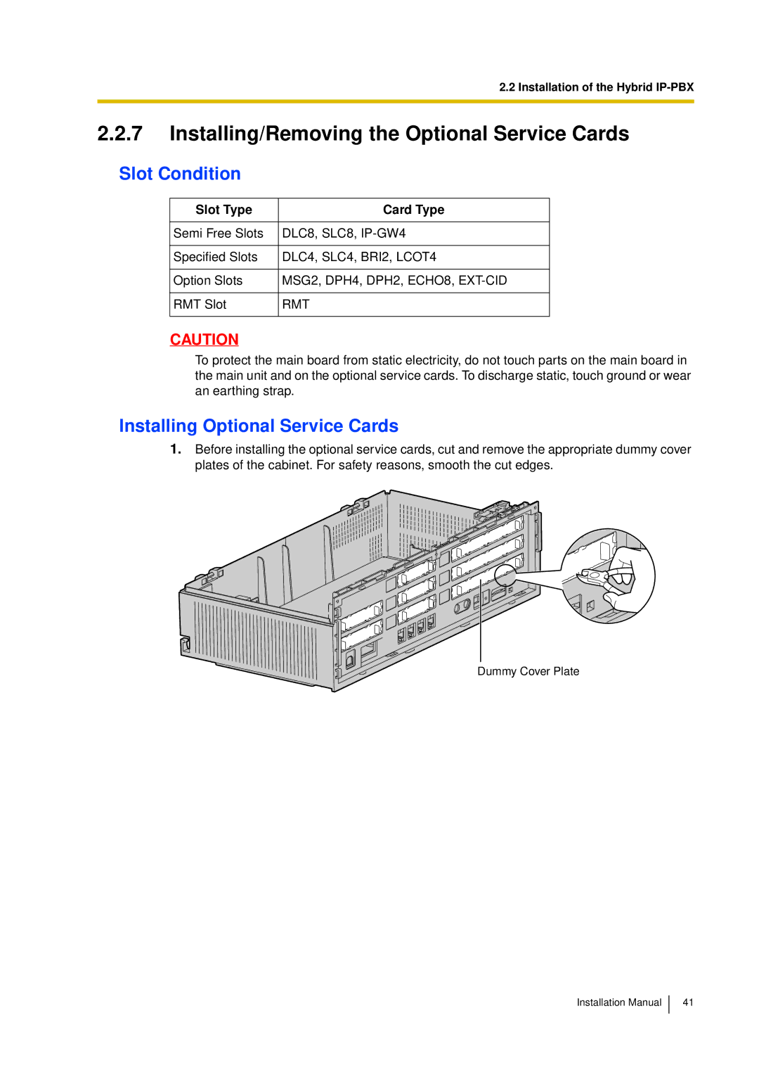 Panasonic KX-TDA30 Installing/Removing the Optional Service Cards, Slot Condition, Installing Optional Service Cards 