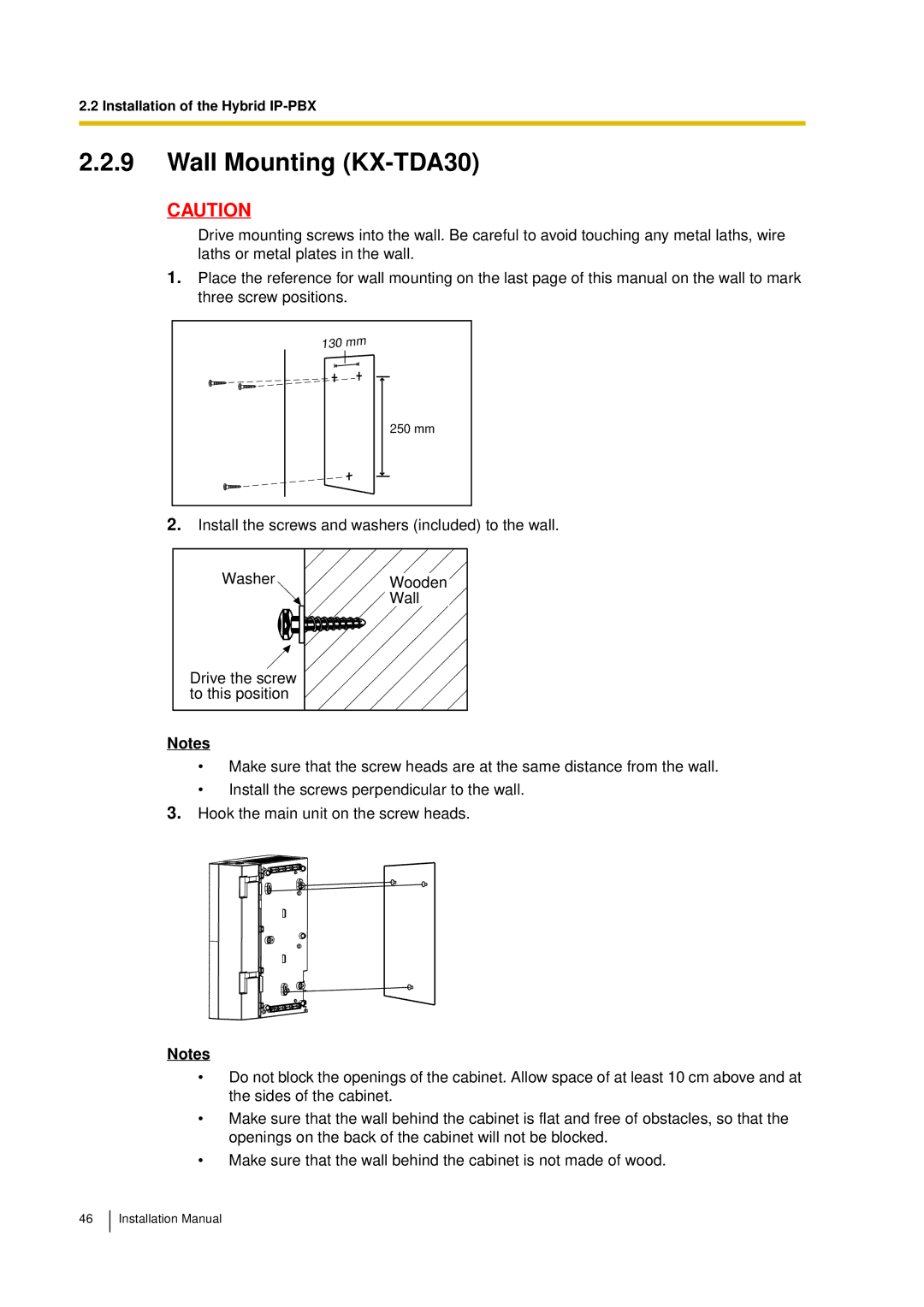 Panasonic installation manual Wall Mounting KX-TDA30 