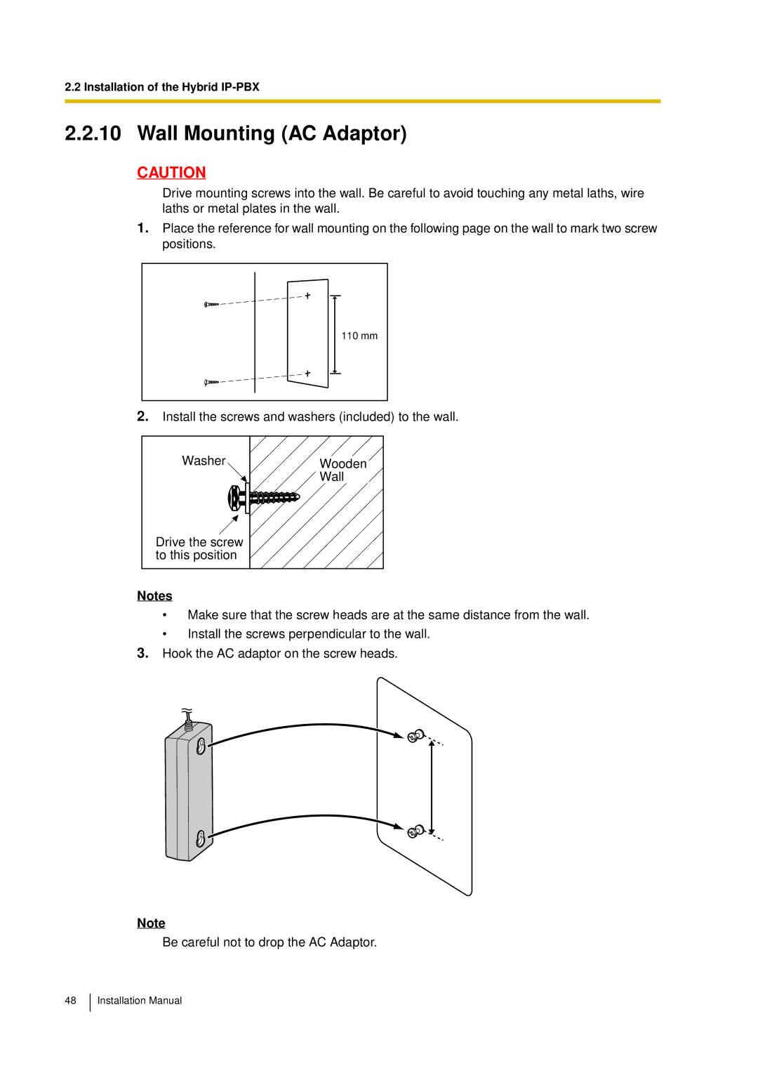 Panasonic KX-TDA30 installation manual Wall Mounting AC Adaptor 