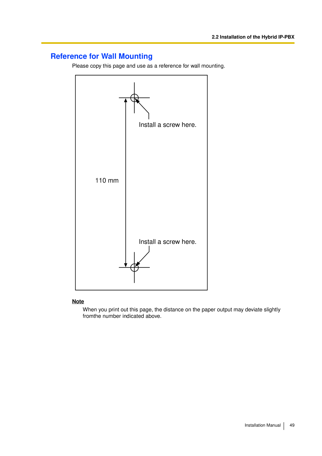 Panasonic KX-TDA30 installation manual Reference for Wall Mounting, Install a screw here 110 mm 