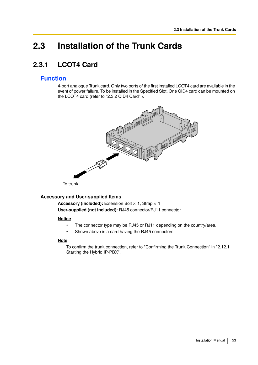 Panasonic KX-TDA30 Installation of the Trunk Cards, LCOT4 Card, Function, Accessory and User-supplied Items 