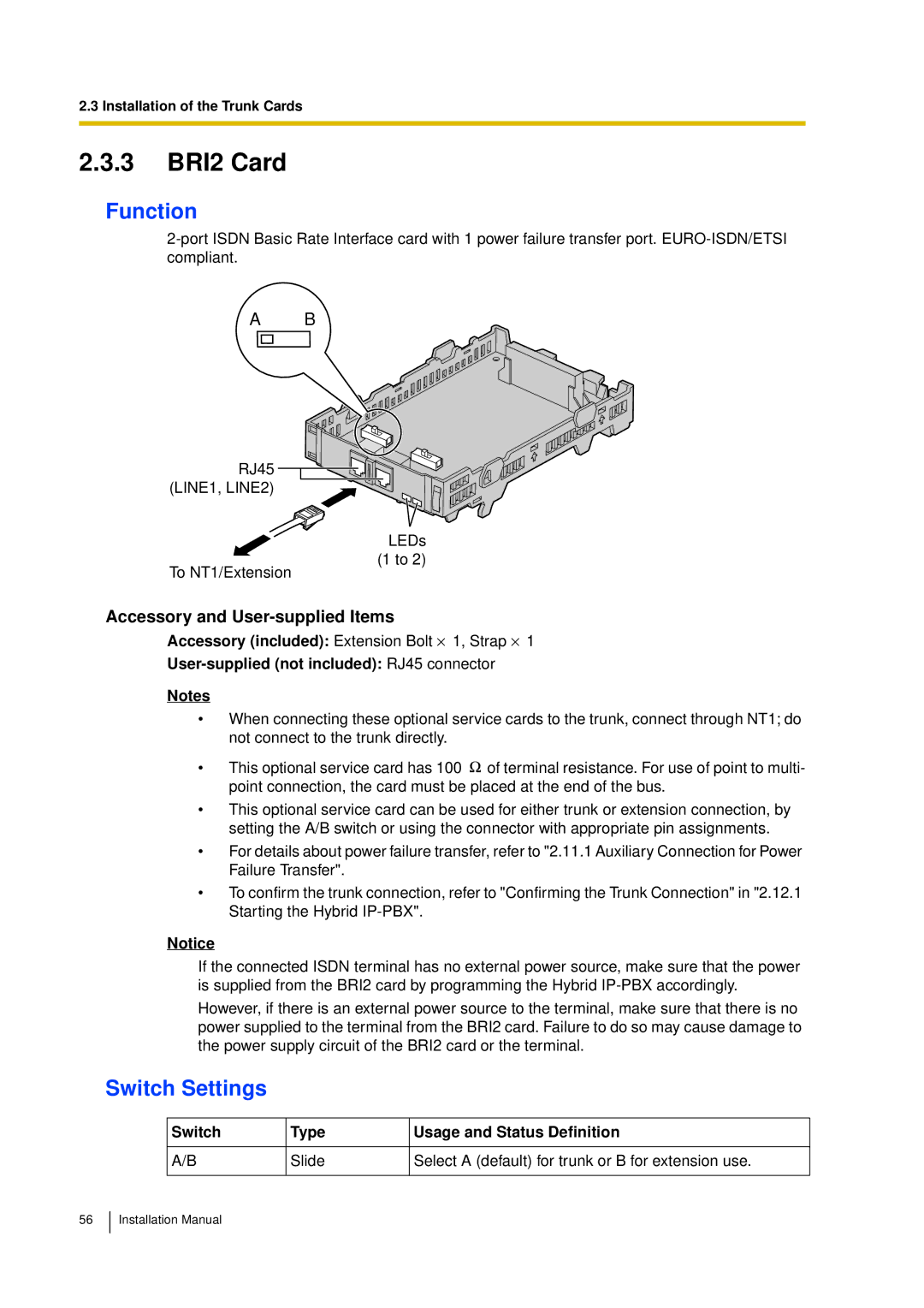 Panasonic KX-TDA30 installation manual 3 BRI2 Card, Switch Settings, User-supplied not included RJ45 connector 