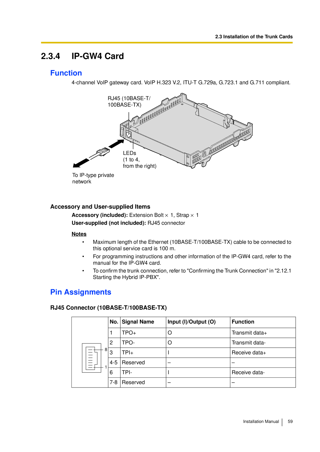 Panasonic KX-TDA30 IP-GW4 Card, RJ45 Connector 10BASE-T/100BASE-TX, Signal Name Input I/Output O Function 