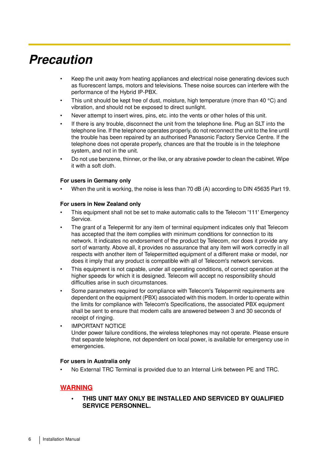 Panasonic KX-TDA30 For users in Germany only, For users in New Zealand only, Important Notice, For users in Australia only 