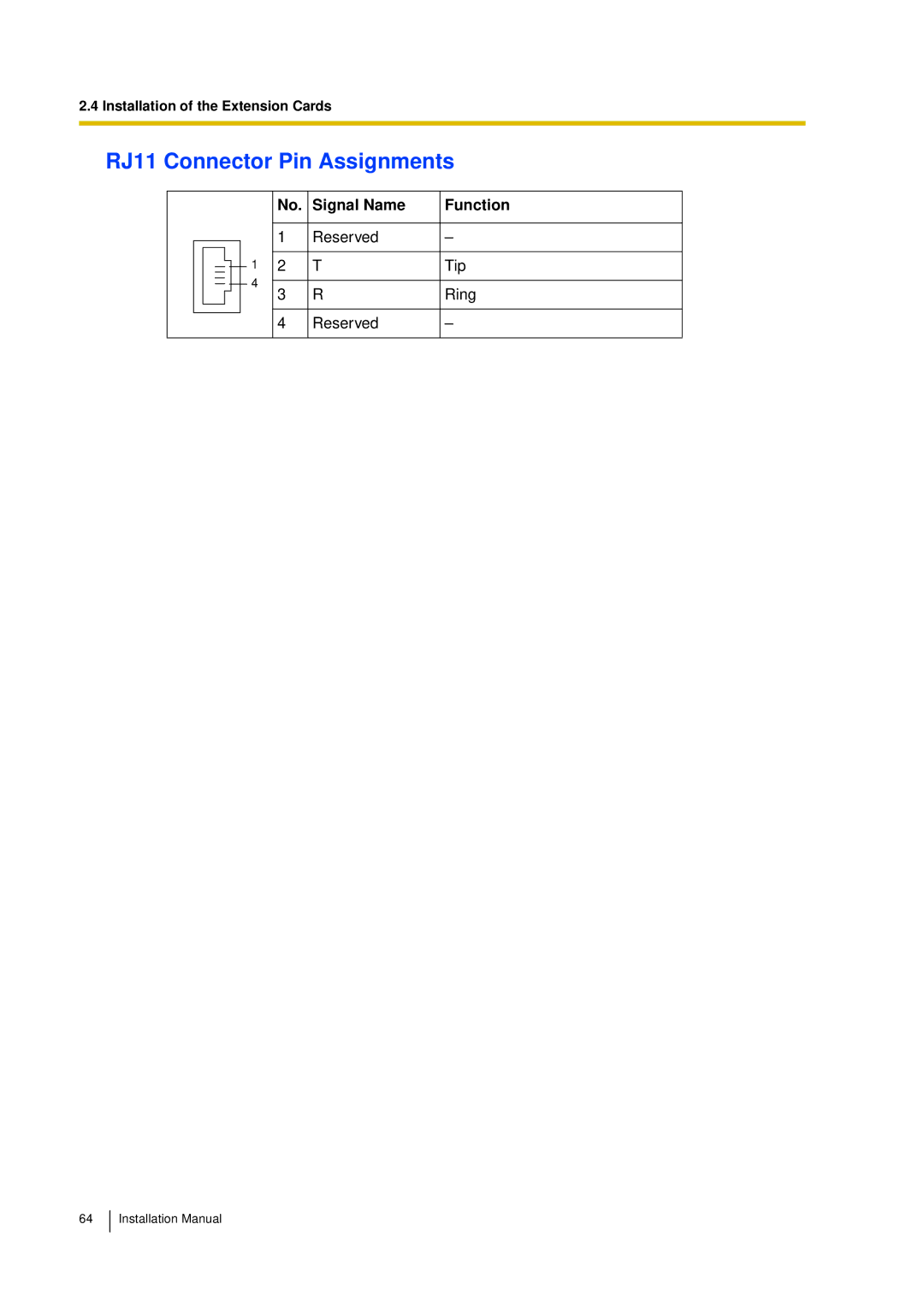 Panasonic KX-TDA30 installation manual Reserved Tip Ring 