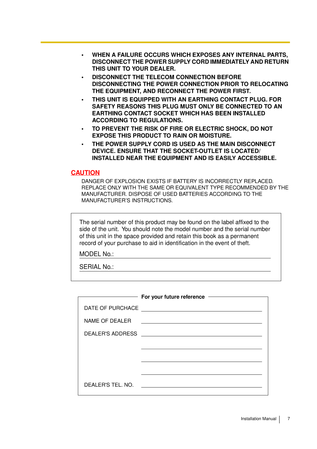 Panasonic KX-TDA30 installation manual Model No Serial No, For your future reference 