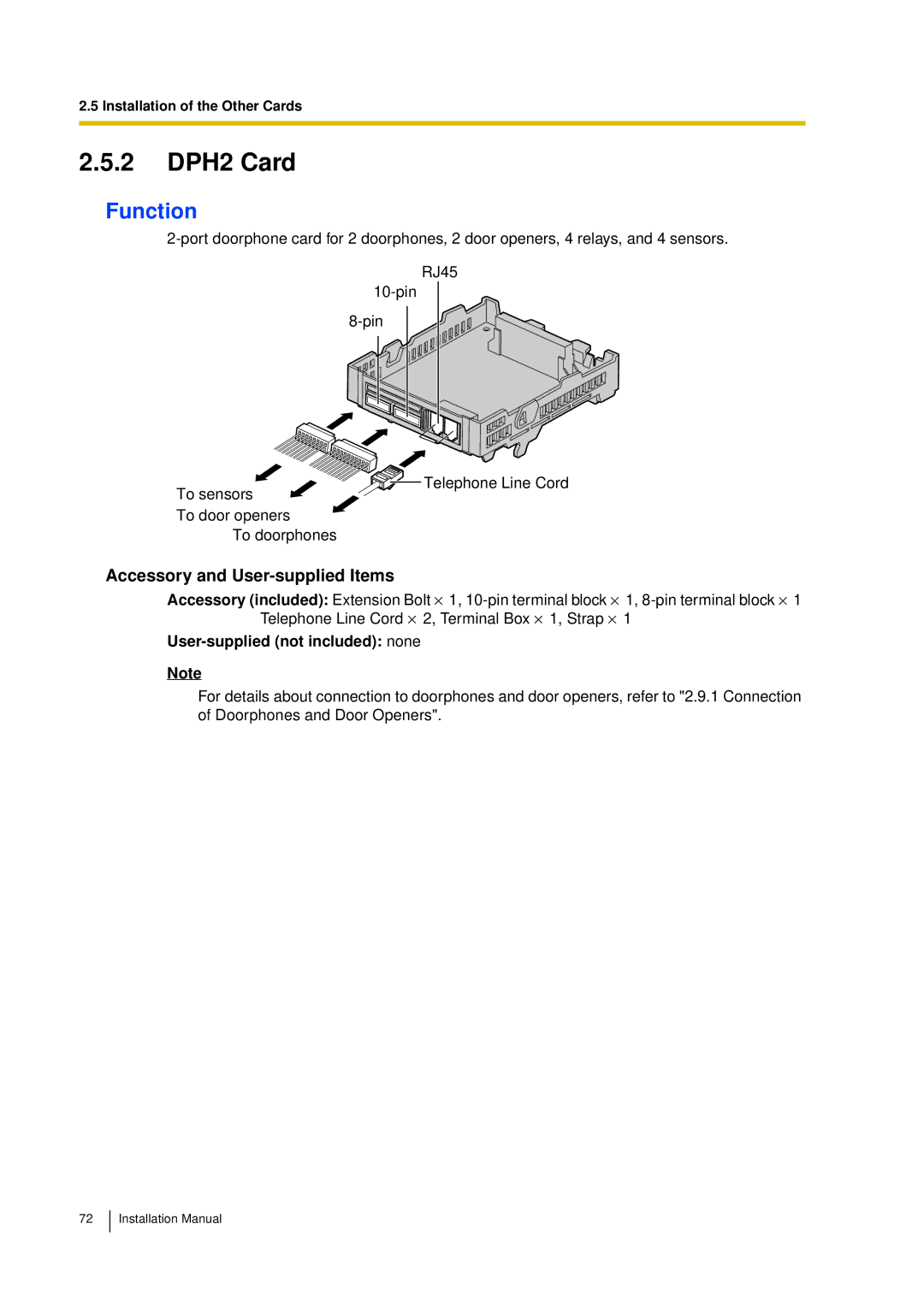 Panasonic KX-TDA30 installation manual 2 DPH2 Card, Function 