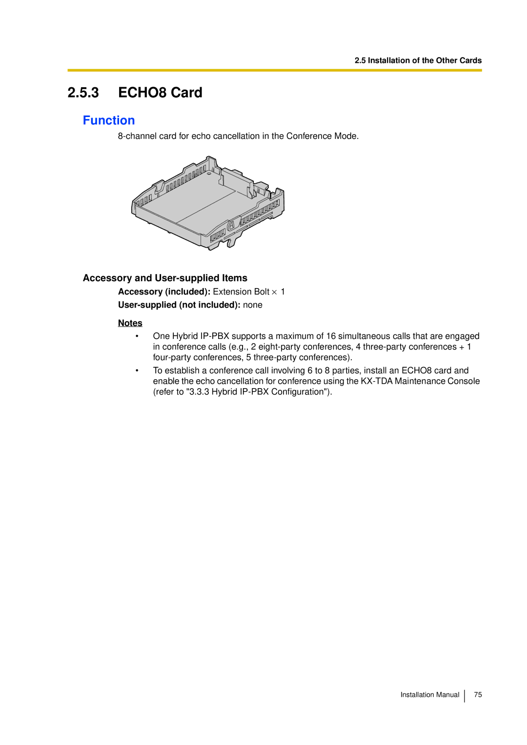 Panasonic KX-TDA30 installation manual ECHO8 Card, Function 