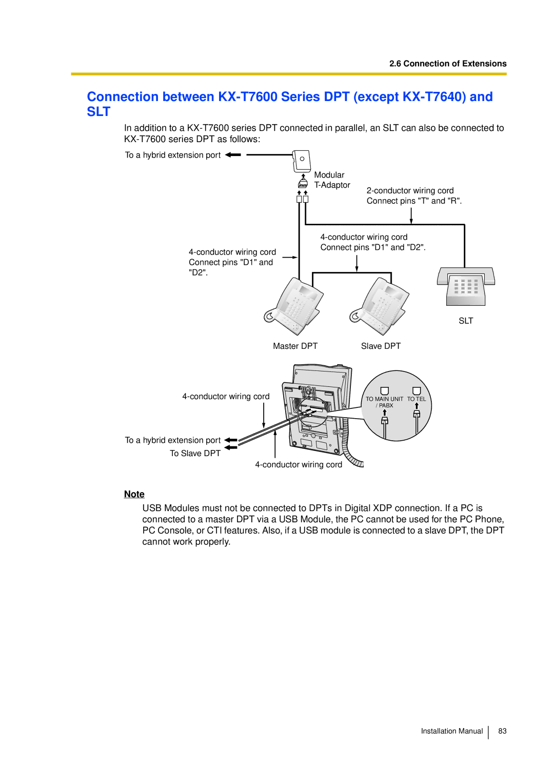 Panasonic KX-TDA30 installation manual Connection between KX-T7600 Series DPT except KX-T7640, Slt 