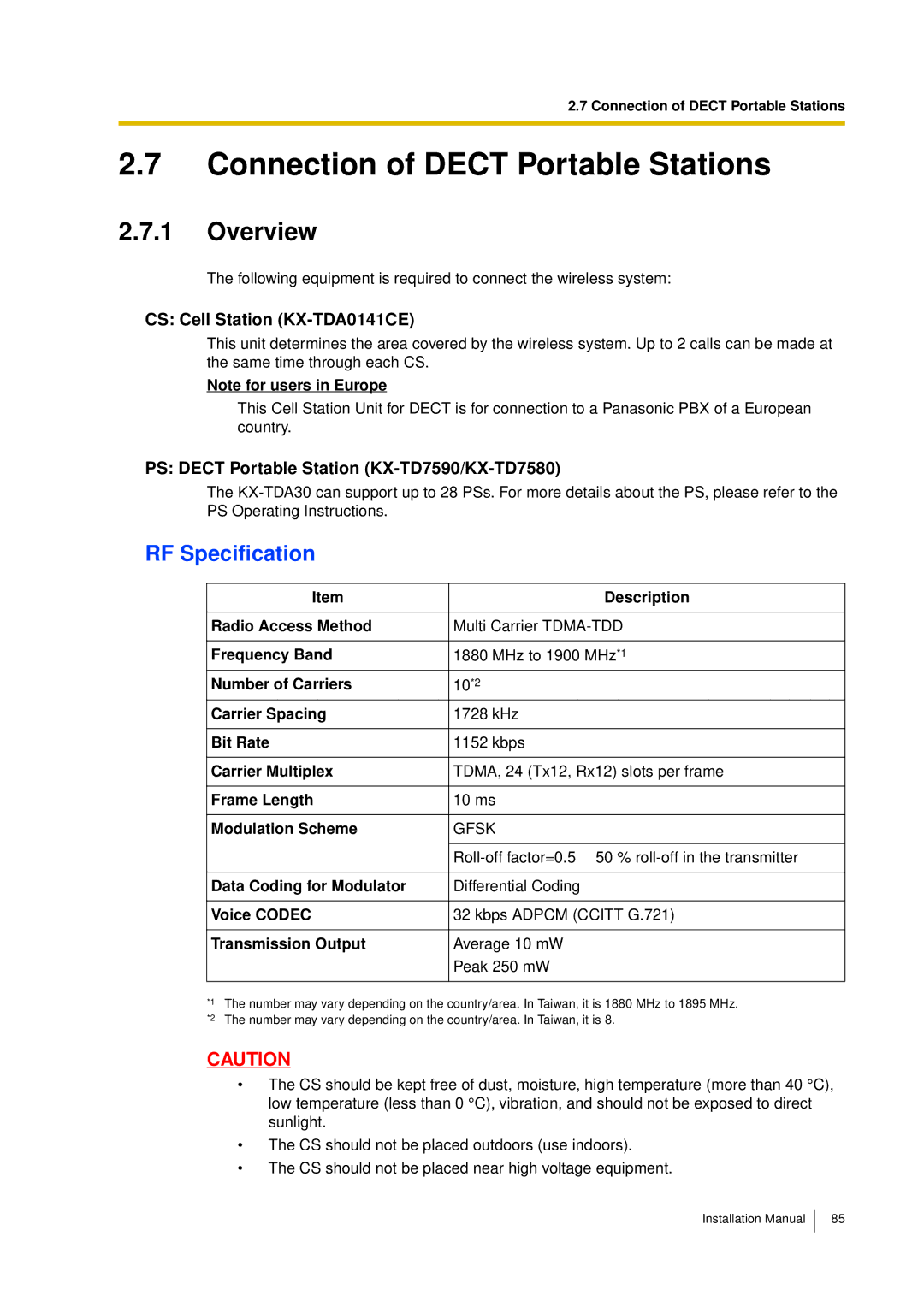 Panasonic KX-TDA30 Connection of Dect Portable Stations, Overview, RF Specification, CS Cell Station KX-TDA0141CE 