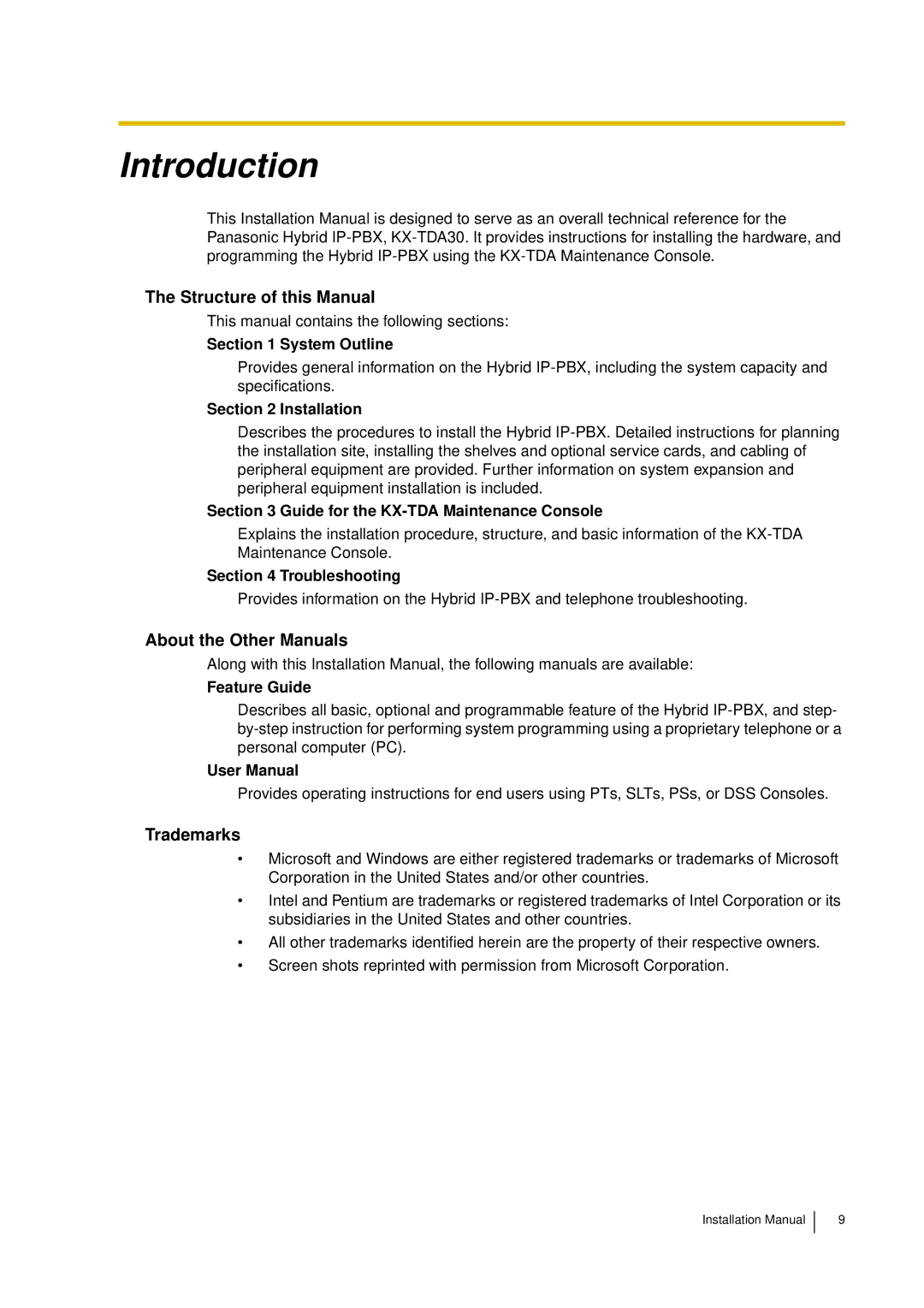 Panasonic KX-TDA30 installation manual Structure of this Manual, About the Other Manuals, Trademarks 