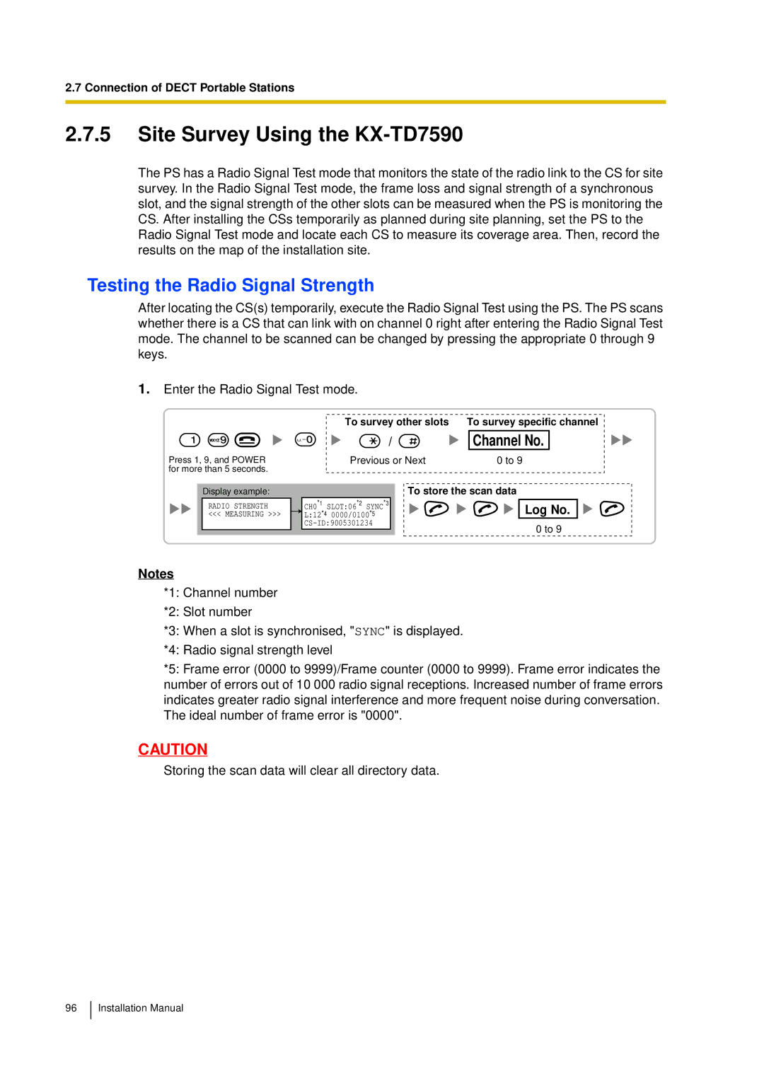 Panasonic KX-TDA30 installation manual Site Survey Using the KX-TD7590, Testing the Radio Signal Strength 