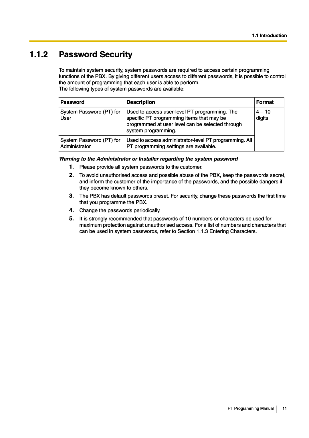 Panasonic KX-TDA30 manual 1.1.2Password Security, Description, Format 
