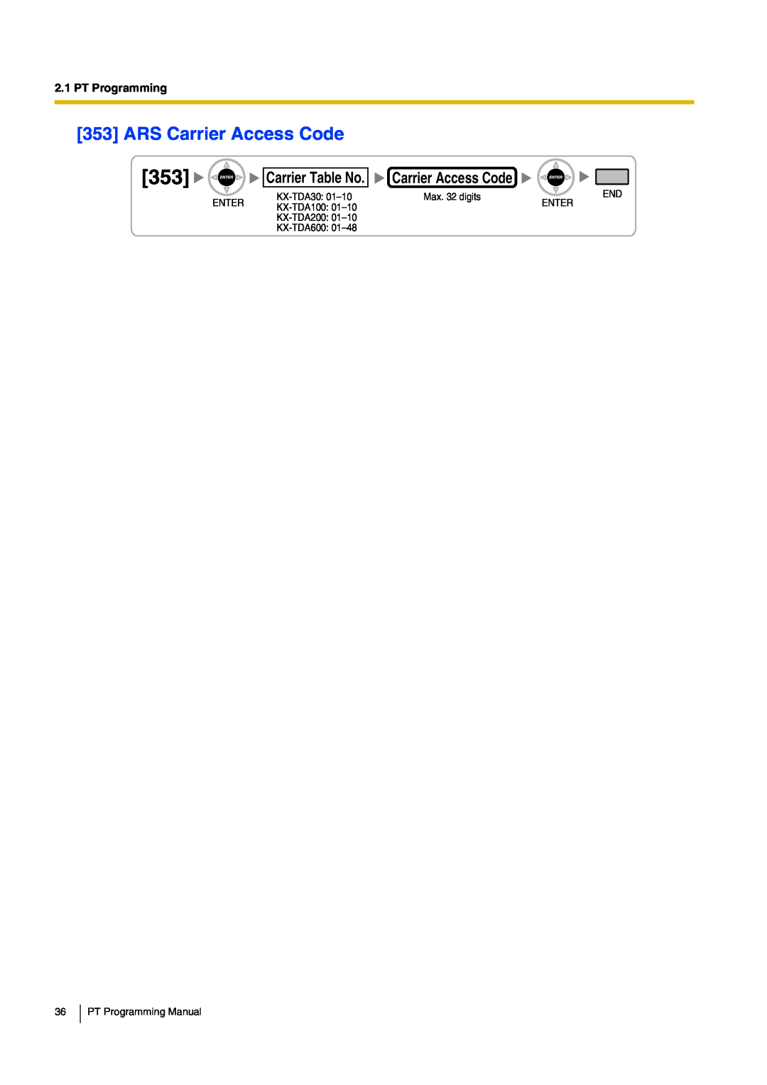 Panasonic KX-TDA30 manual 353ARS Carrier Access Code, 353Carrier Table No. Carrier Access Code, PT Programming 
