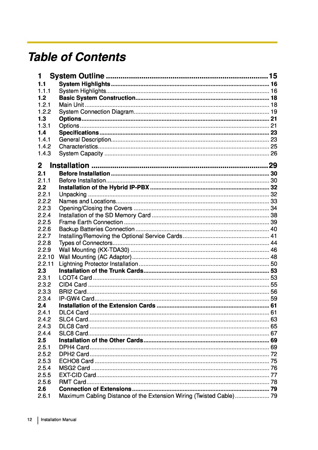 Panasonic KX-TDA30 installation manual Table of Contents, System Outline, Installation 