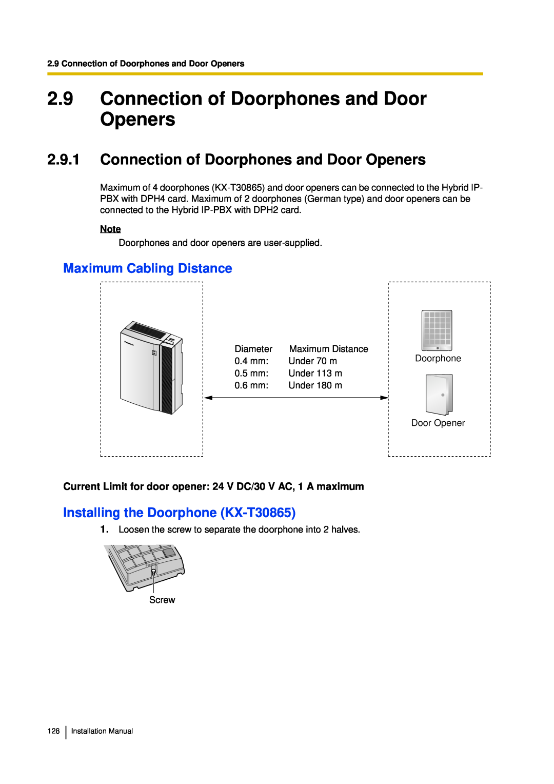 Panasonic KX-TDA30 2.9Connection of Doorphones and Door Openers, 2.9.1Connection of Doorphones and Door Openers 