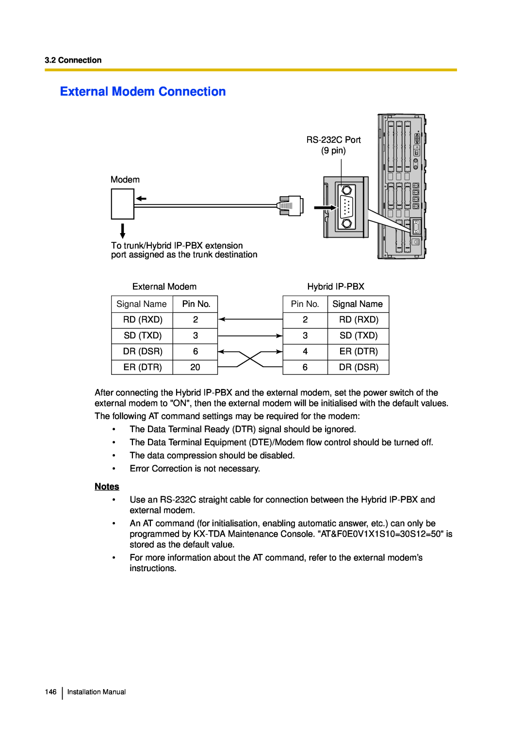 Panasonic KX-TDA30 installation manual External Modem Connection, Notes 