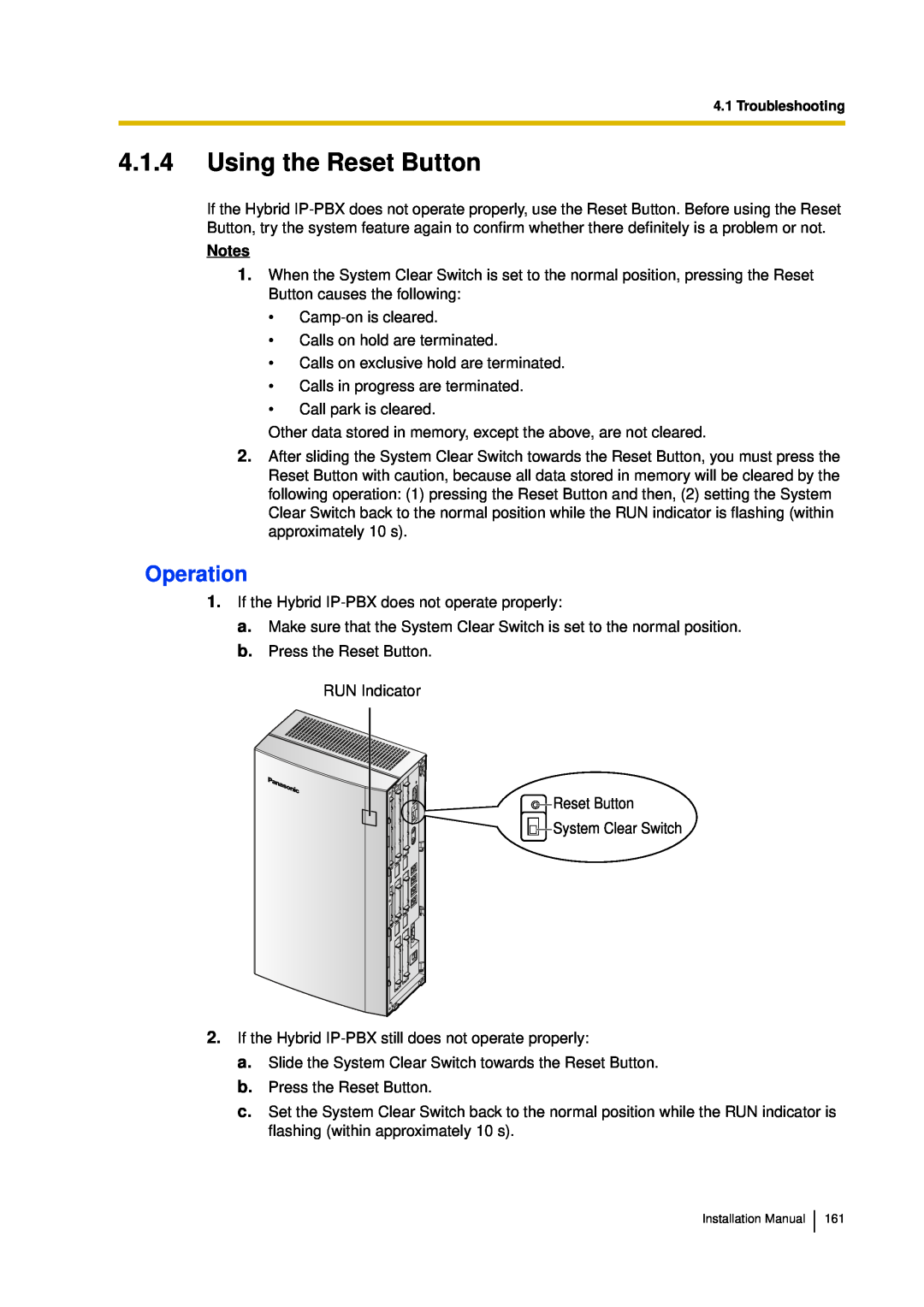 Panasonic KX-TDA30 installation manual 4.1.4Using the Reset Button, Operation, Notes 