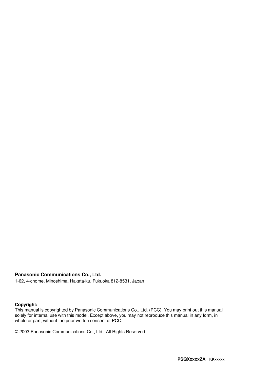 Panasonic KX-TDA30 installation manual Panasonic Communications Co., Ltd, Copyright, PSQXxxxxZA KKxxxxx 
